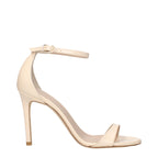 Stuart Weitzman beige leather stiletto heel sandals with open toe and ankle strap, stylish and elegant footwear for women.
