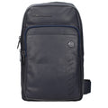 Piquadro blue leather crossbody bag with adjustable strap and sleek design, ideal for carrying essentials comfortably.