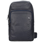 Piquadro blue leather crossbody bag with adjustable strap and sleek design, ideal for carrying essentials comfortably.