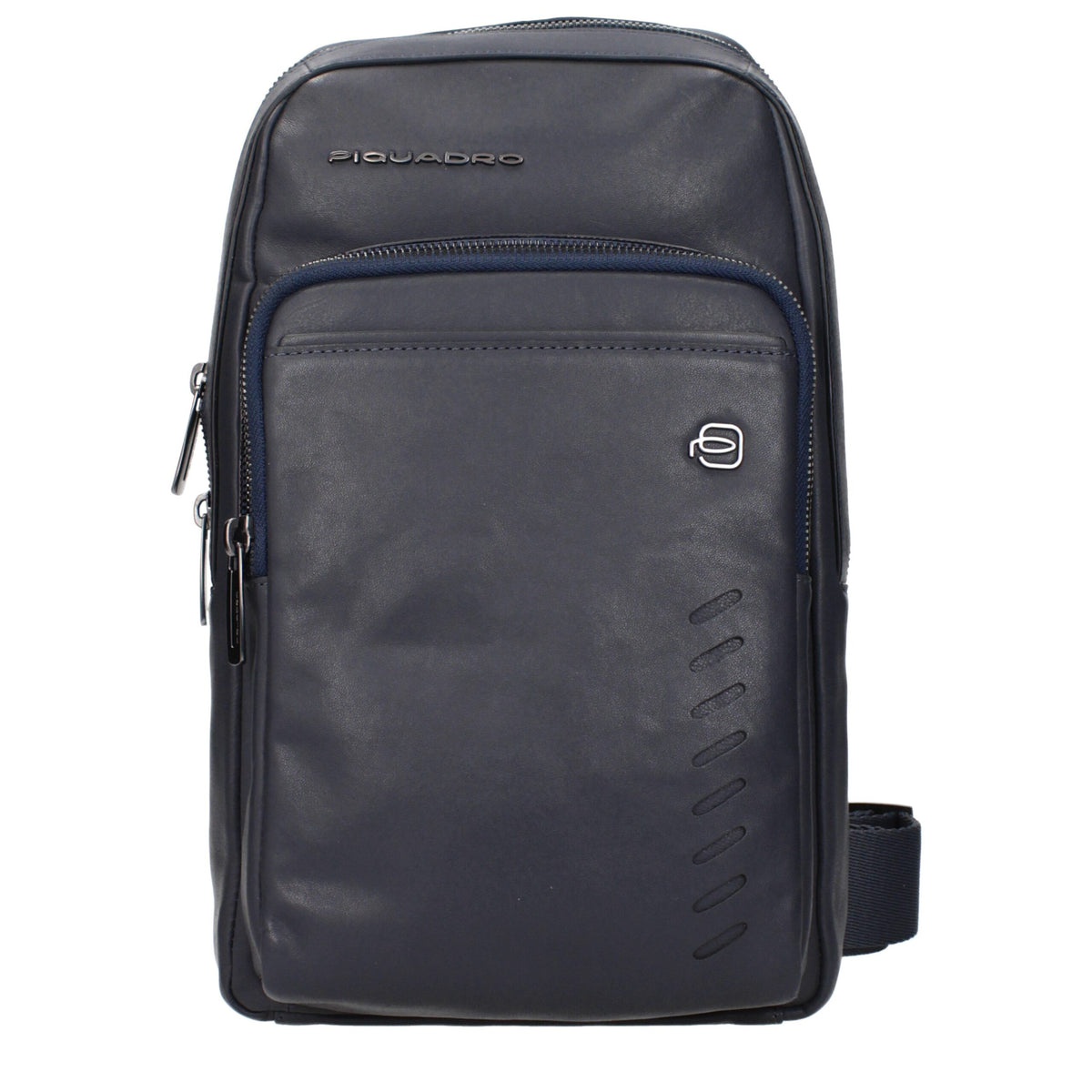 Piquadro blue leather crossbody bag with adjustable strap and sleek design, ideal for carrying essentials comfortably.