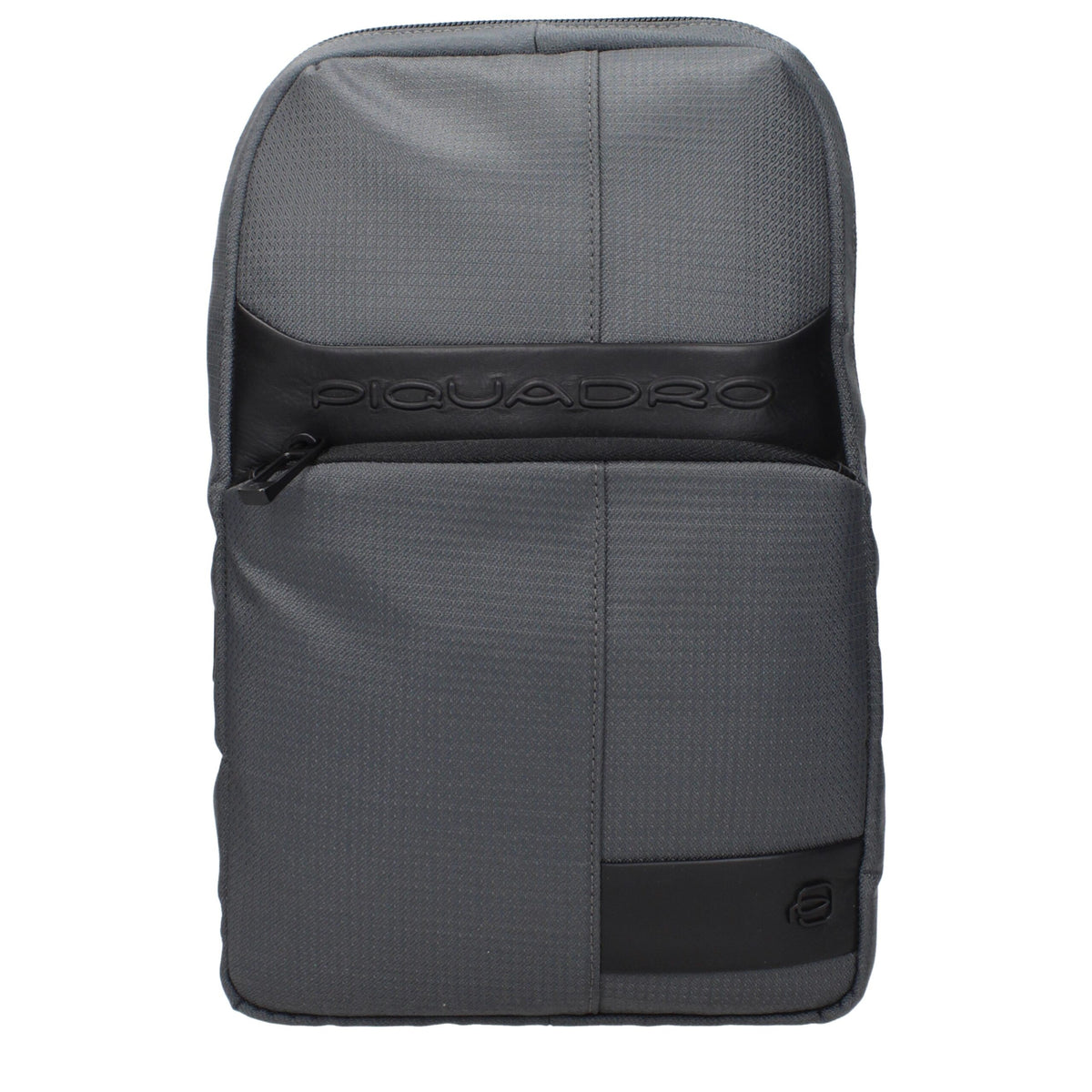 Gray fabric Piquadro crossbody bag with adjustable strap and sleek design, ideal for everyday use.