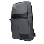 Gray fabric crossbody bag by Piquadro with adjustable strap and sleek design, suitable for everyday use.