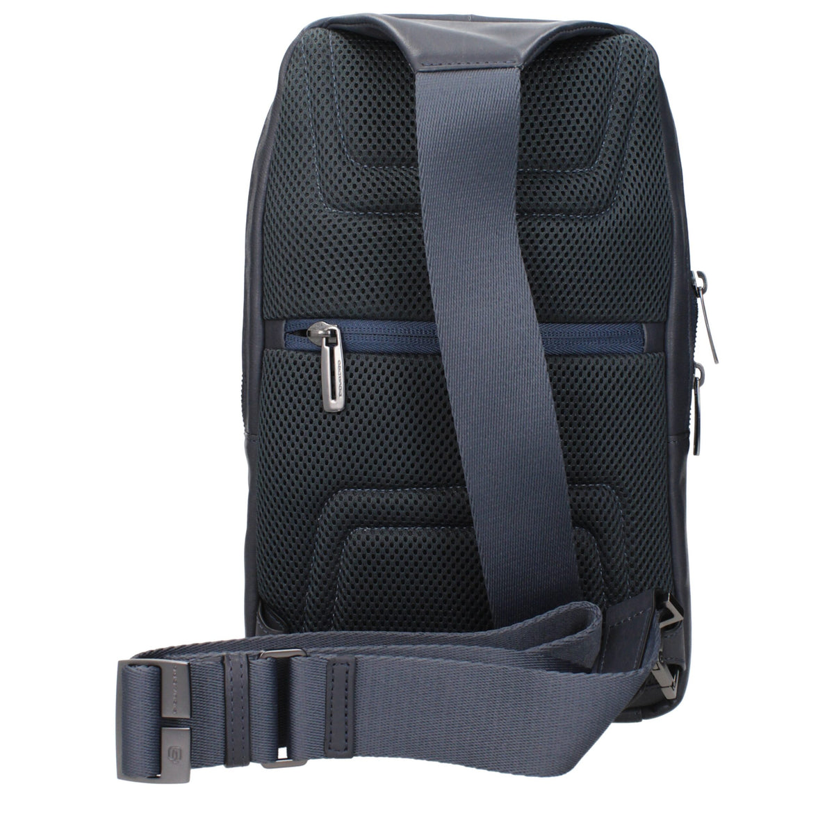 Piquadro blue leather crossbody bag with adjustable strap and sleek design, featuring multiple compartments and polished finish.