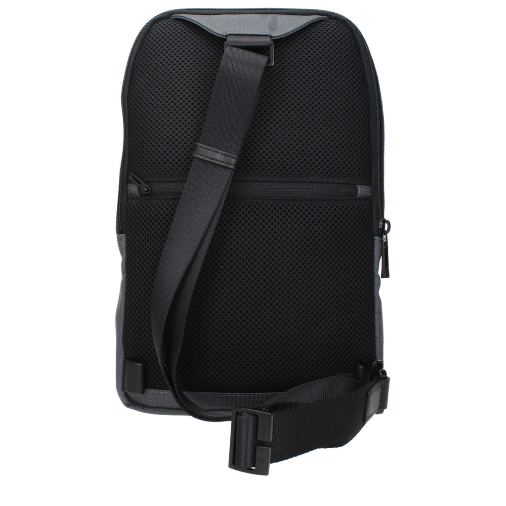 Piquadro gray fabric crossbody bag with adjustable strap and sleek design, suitable for everyday use and travel.