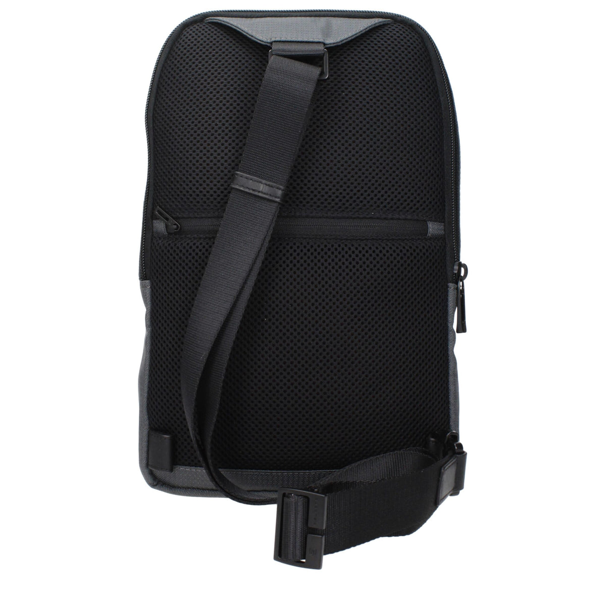 Piquadro gray fabric crossbody bag with adjustable strap and sleek design, suitable for everyday use and travel.