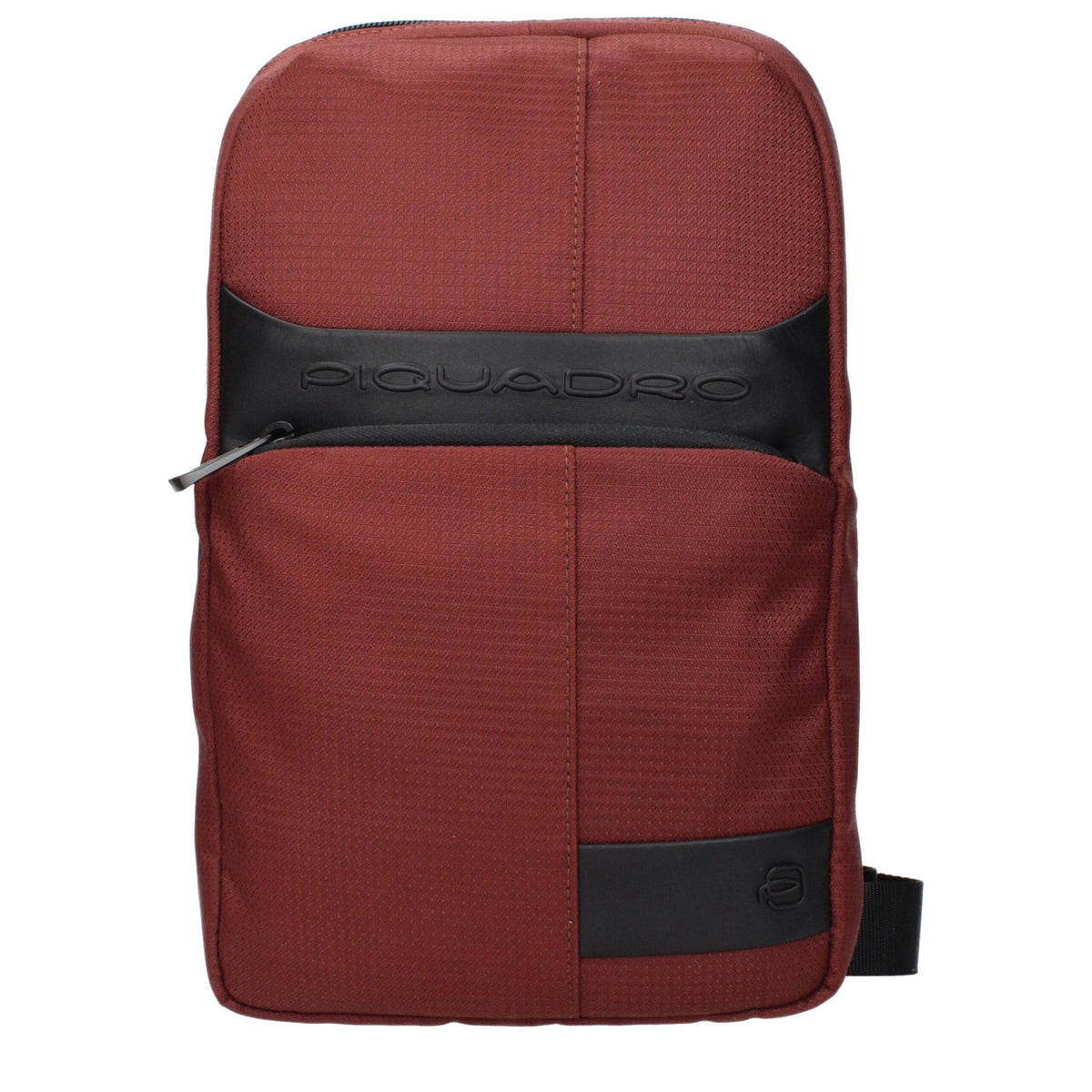 Red fabric Piquadro crossbody bag with adjustable strap and zippered compartments, designed for everyday use.