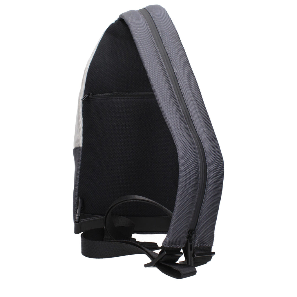 Piquadro gray fabric backpack with adjustable straps and multiple compartments, designed for stylish everyday use.