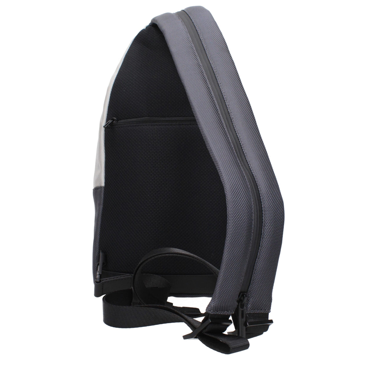 Piquadro gray fabric backpack with adjustable straps and multiple compartments, designed for stylish everyday use.