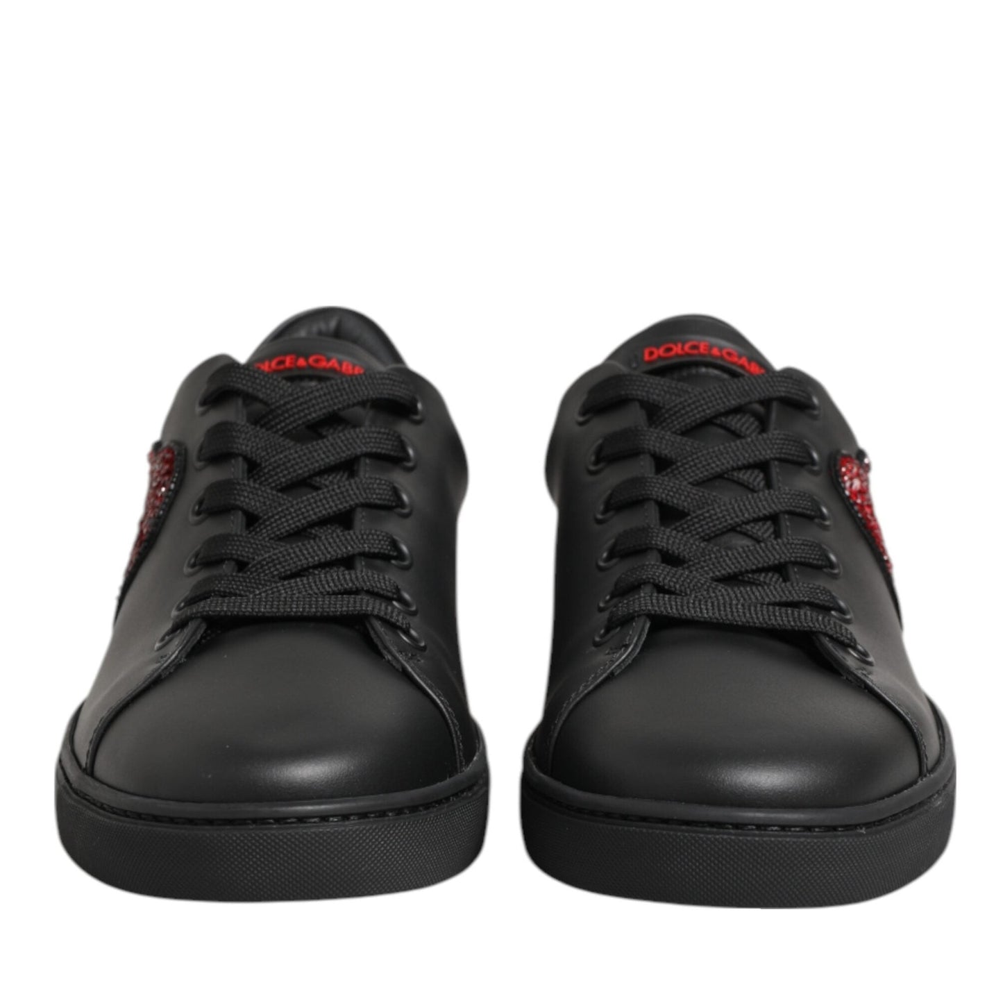 Dolce & Gabbana Black Leather Crystal Heart Low Top Sneakers Shoes