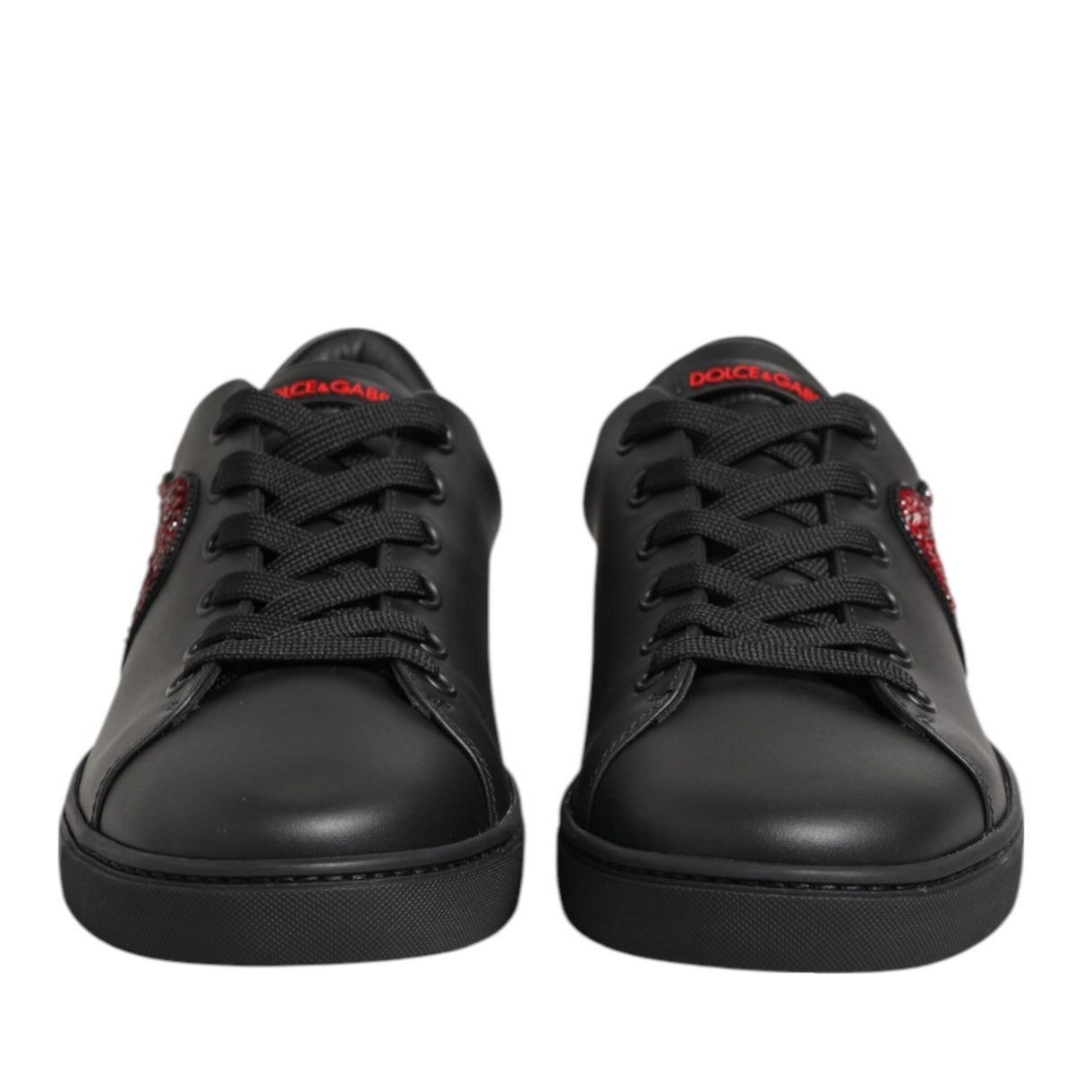 Dolce & Gabbana Black Leather Crystal Heart Low Top Sneakers Shoes