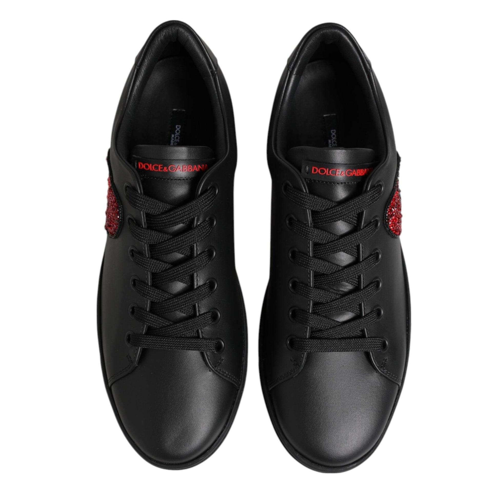 Dolce & Gabbana Black Leather Crystal Heart Low Top Sneakers Shoes