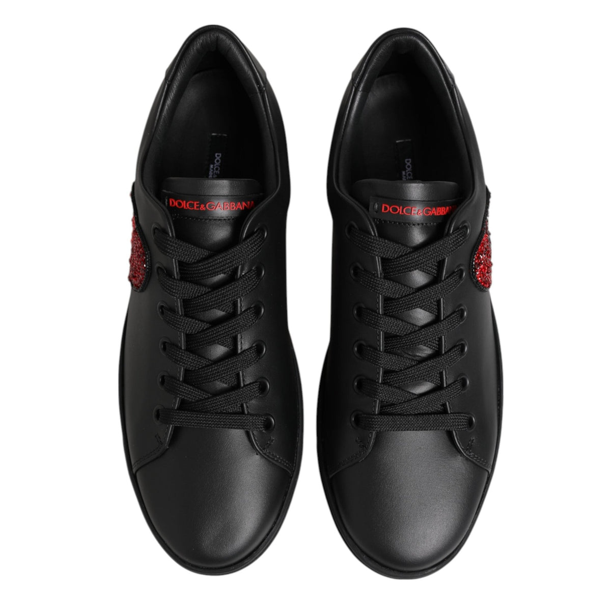 Dolce & Gabbana Black Leather Crystal Heart Low Top Sneakers Shoes