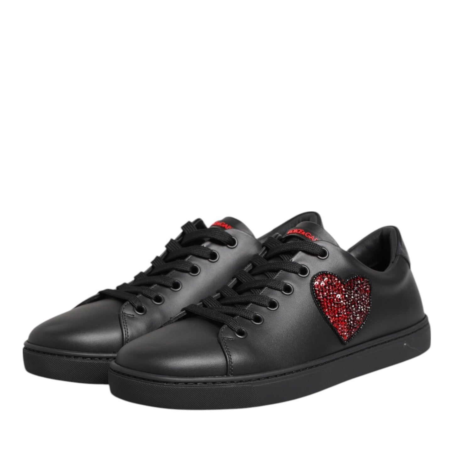 Dolce & Gabbana Black Leather Crystal Heart Low Top Sneakers Shoes
