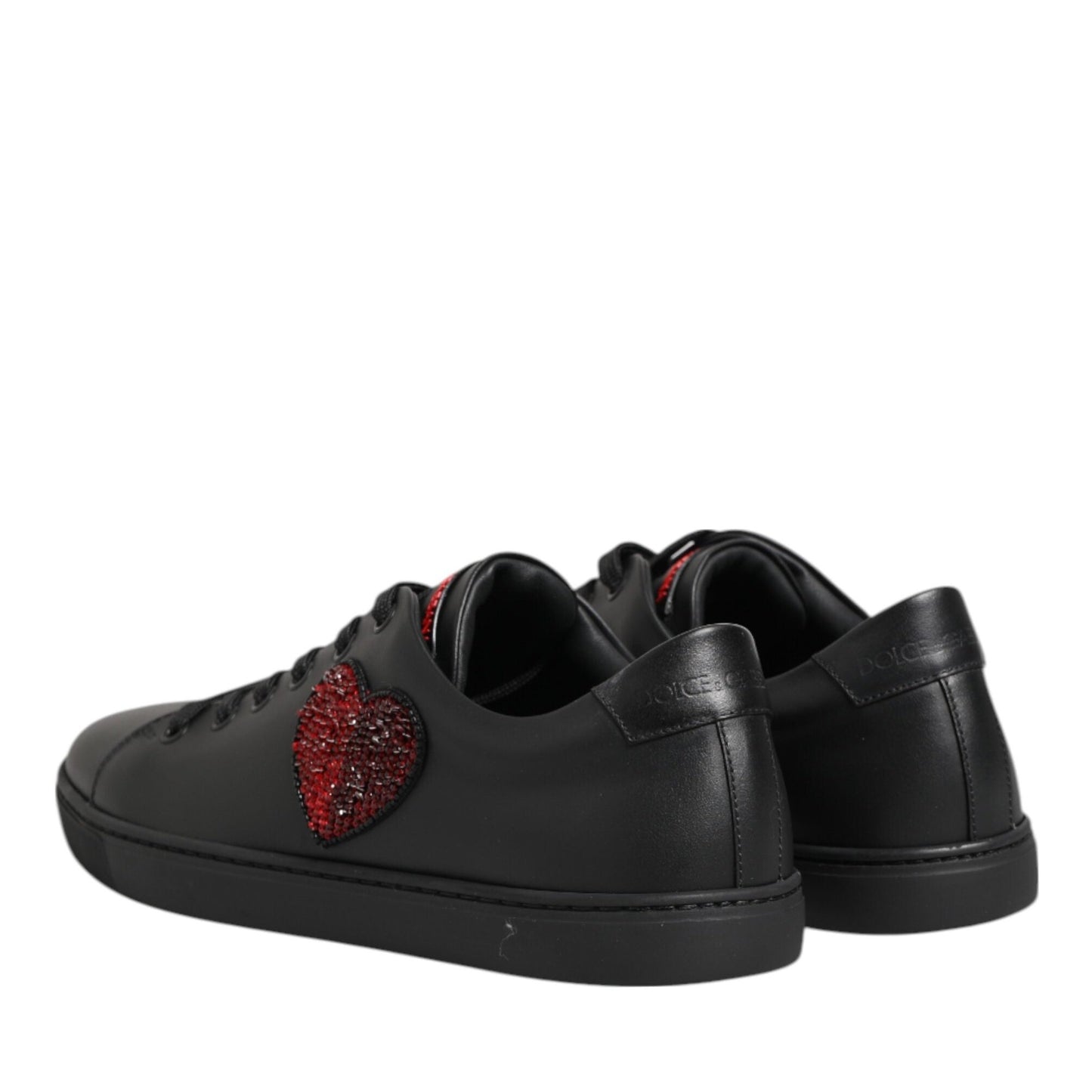 Dolce & Gabbana Black Leather Crystal Heart Low Top Sneakers Shoes