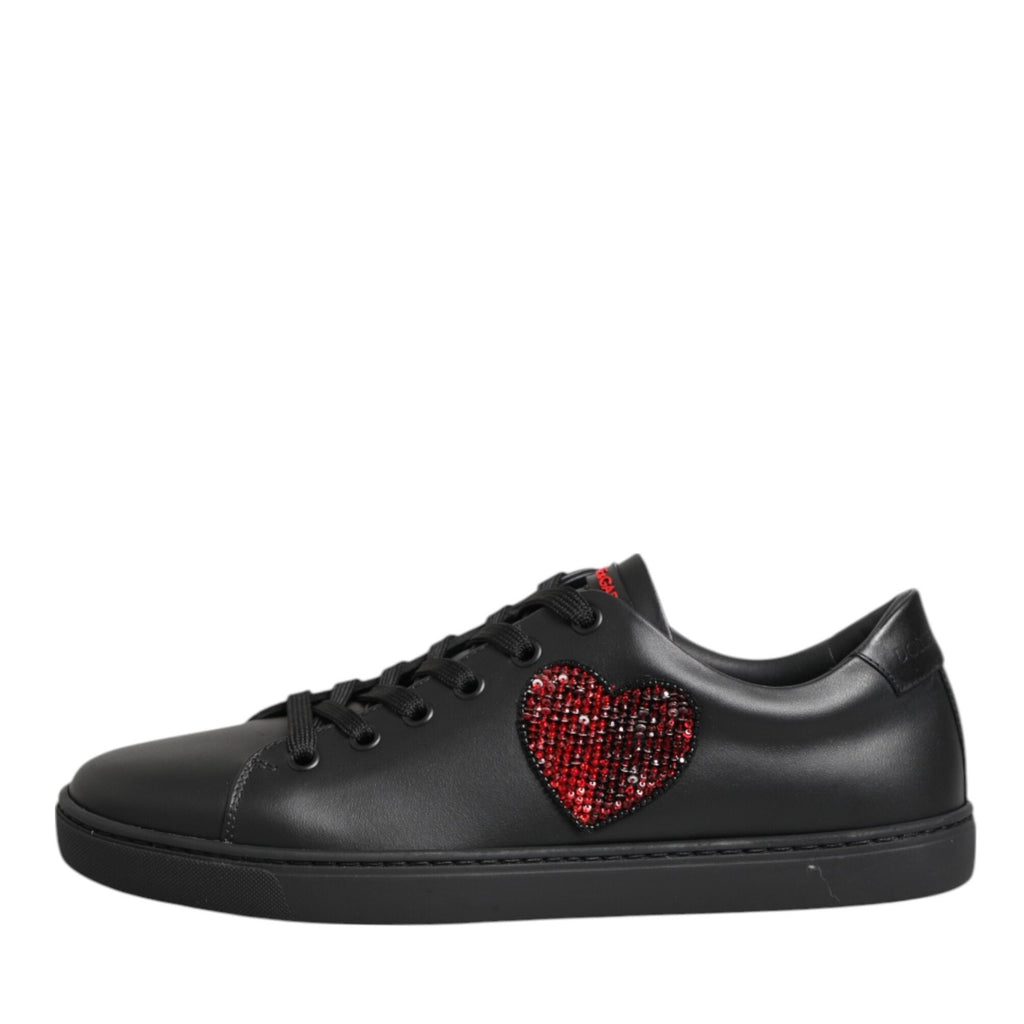 Dolce & Gabbana Black Leather Crystal Heart Low Top Sneakers Shoes