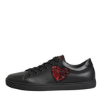 Dolce & Gabbana Black Leather Crystal Heart Low Top Sneakers Shoes