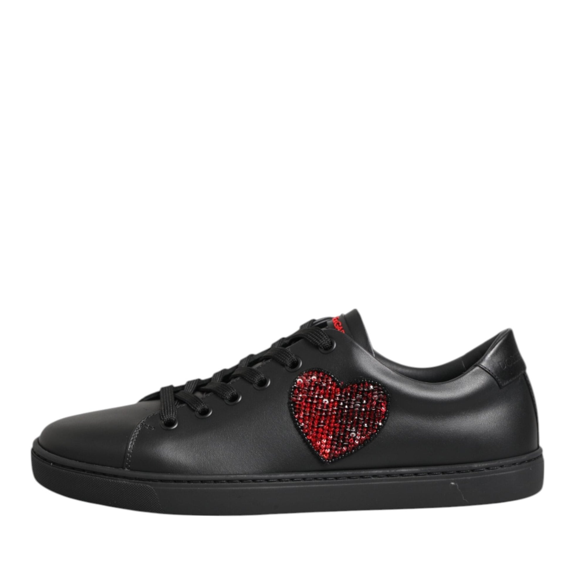 Dolce & Gabbana Black Leather Crystal Heart Low Top Sneakers Shoes