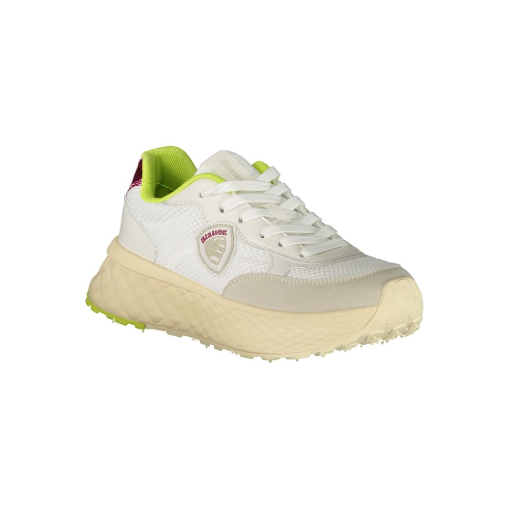 Blauer white polyurethane women's sneaker with sporty design, featuring laces and cushioned sole, on a plain background.