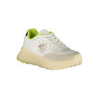 Blauer white polyurethane women's sneaker with sporty design, featuring laces and cushioned sole, on a plain background.