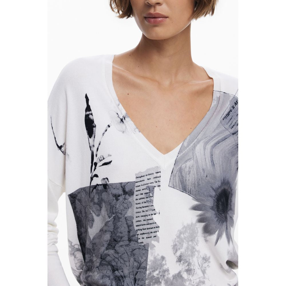 White Desigual women's viscose jersey top with a relaxed fit and subtle design details, perfect for casual wear.