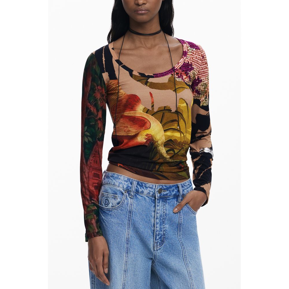 Desigual brown viscose women's T-shirt with a relaxed fit and short sleeves, showcased on a white background.