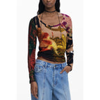 Desigual brown viscose women's T-shirt with a relaxed fit and short sleeves, showcased on a white background.