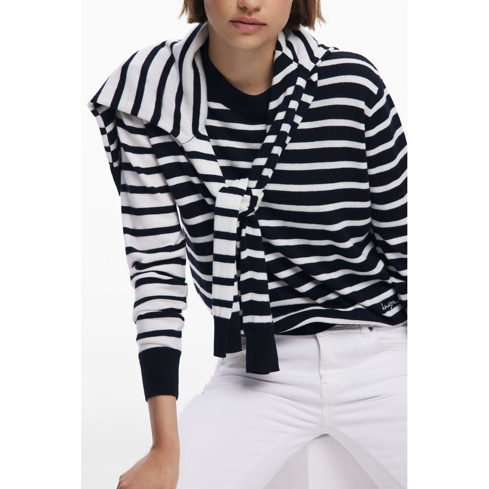 Black polyester women's sweater by Desigual, featuring a cozy fit and stylish design with long sleeves and a round neckline.