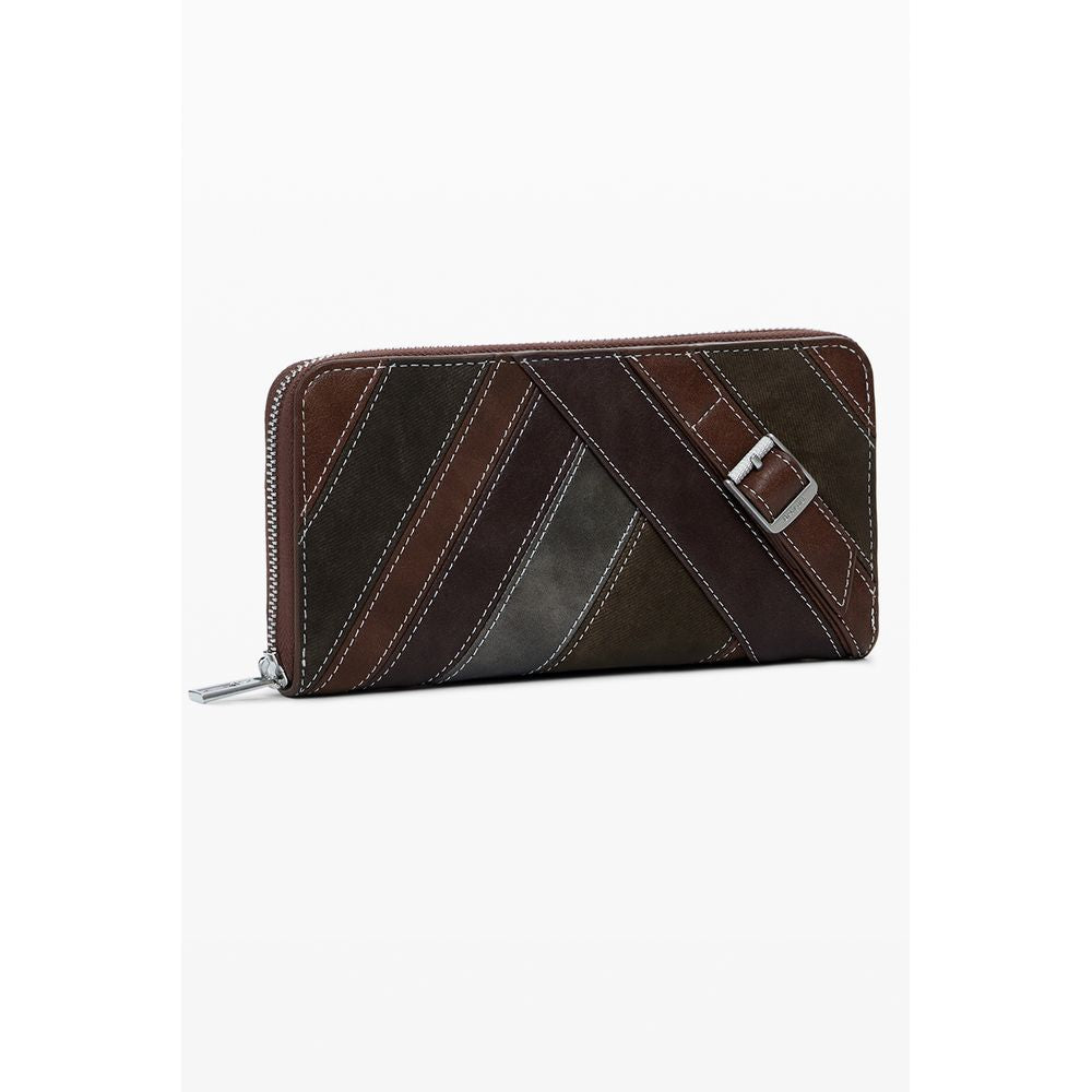Desigual brown women's wallet made of polyurethane, featuring a compact design with multiple card slots and a secure zipper closure.