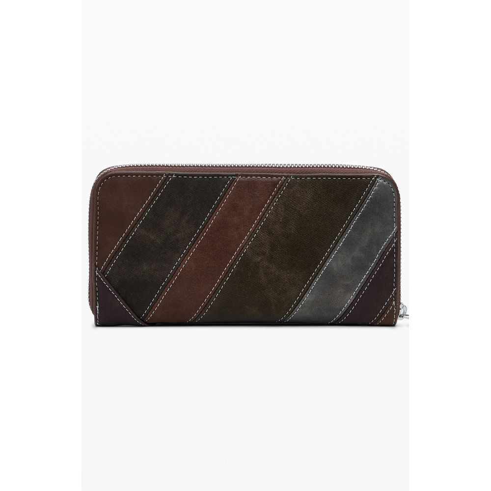 Desigual brown polyurethane women's wallet with textured design, multiple card slots, and a zipper compartment.
