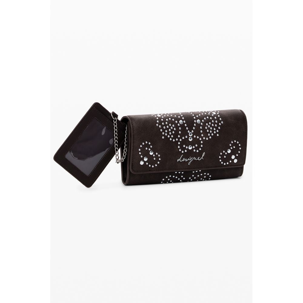Brown Desigual women's wallet made of polyurethane, featuring a stylish design with multiple card slots and a zippered coin compartment.