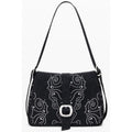 Desigual black polyurethane women's handbag with sleek design and top handles, featuring textured finish and minimalist style.