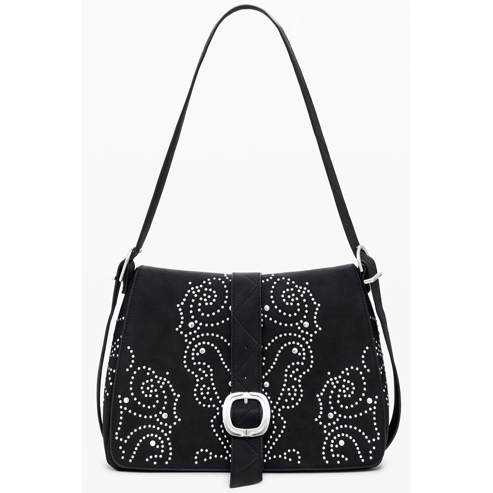Desigual black polyurethane women's handbag with sleek design and top handles, featuring textured finish and minimalist style.