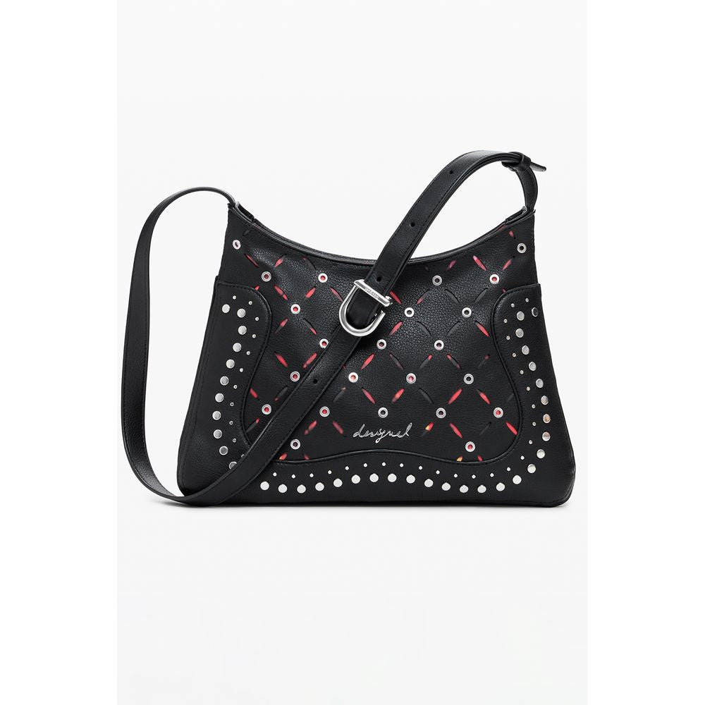 Desigual black polyurethane women's shoulder bag with adjustable strap and stylish design, perfect for casual or formal occasions.