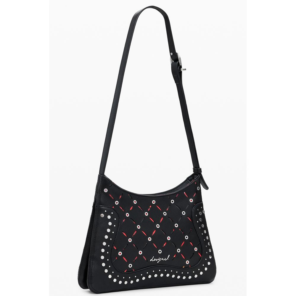 Desigual black polyurethane women's shoulder bag with adjustable strap and stylish design on a plain background.