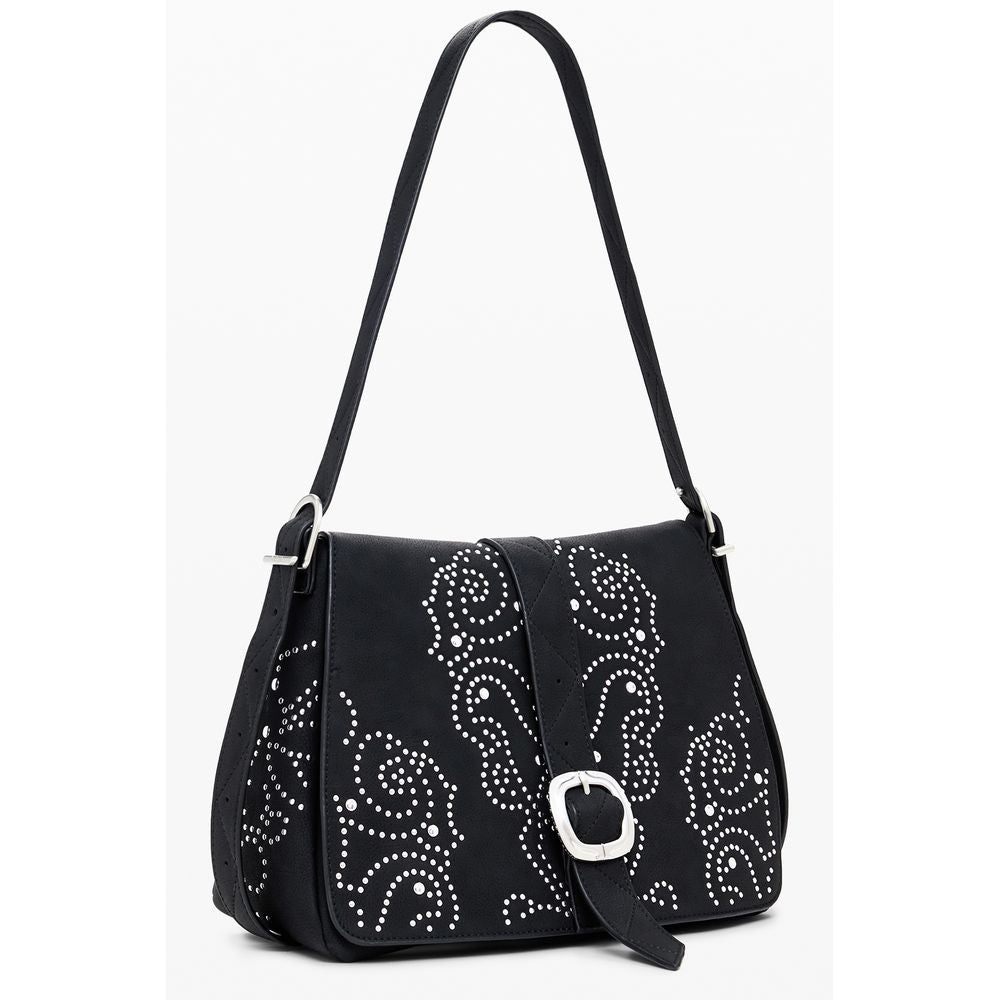 Black polyurethane women's handbag by Desigual with stylish design and structured shape, featuring top handles and subtle branding.