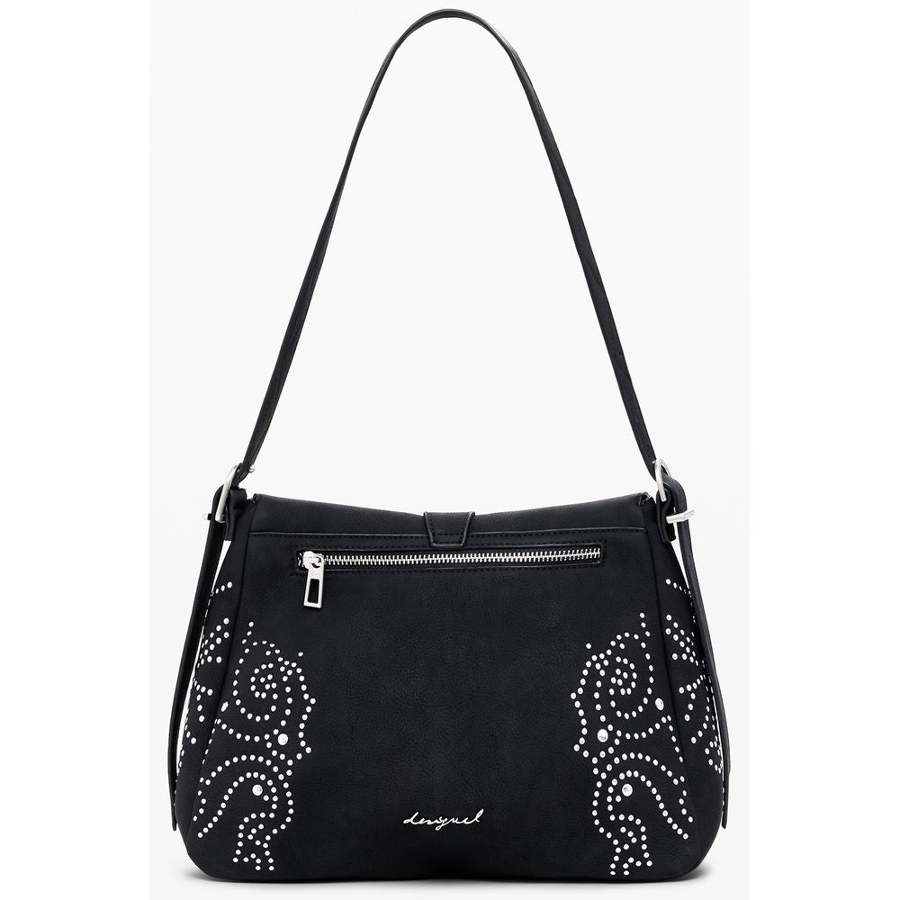 Desigual black polyurethane women's handbag with sleek design and silver hardware, featuring a structured shape and top handle.