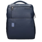Piquadro blue leather backpack with adjustable straps and multiple compartments, stylish and functional for everyday use.