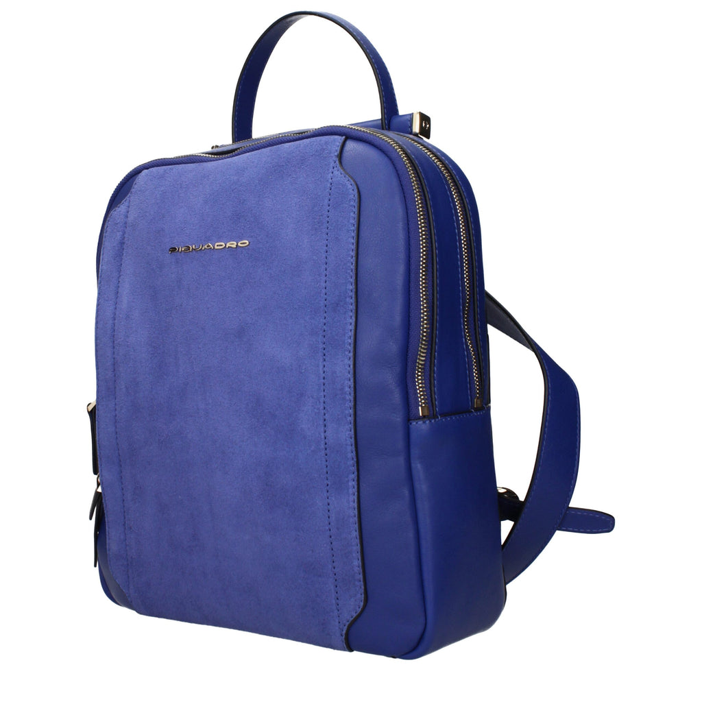 Piquadro blue leather backpack with adjustable straps, front pocket, and sleek design for stylish everyday use.