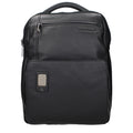 Piquadro black leather backpack with multiple compartments, adjustable shoulder straps, and sleek design.