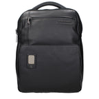 Piquadro black leather backpack with multiple compartments, adjustable shoulder straps, and sleek design.