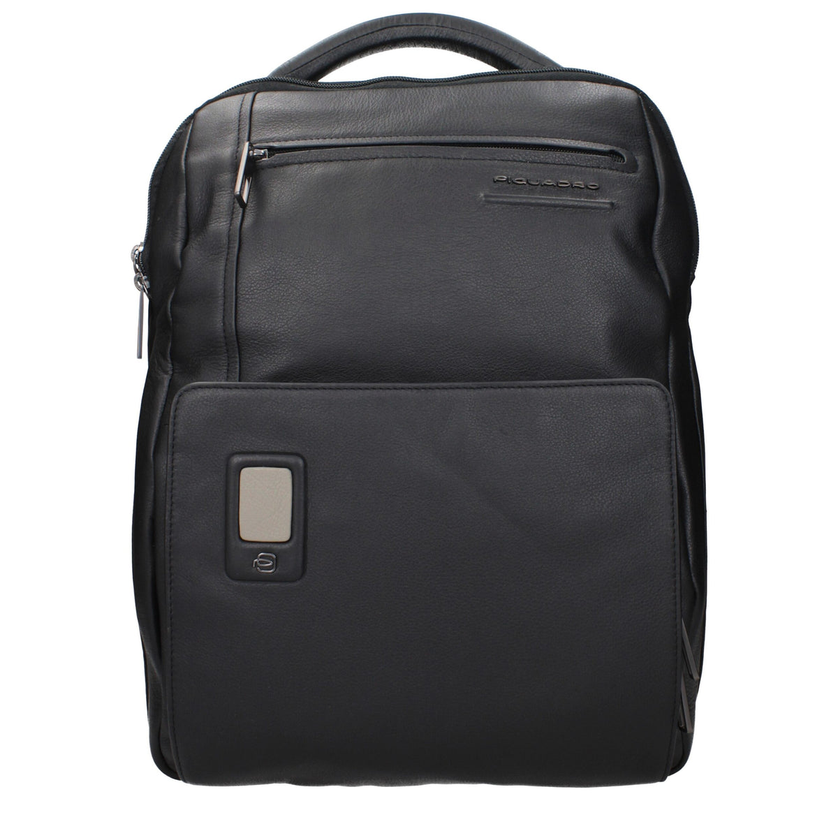 Piquadro black leather backpack with multiple compartments, adjustable shoulder straps, and sleek design.