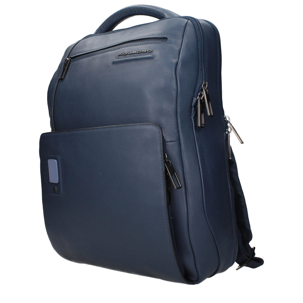 Piquadro blue leather backpack with multiple compartments and adjustable straps for stylish everyday use.