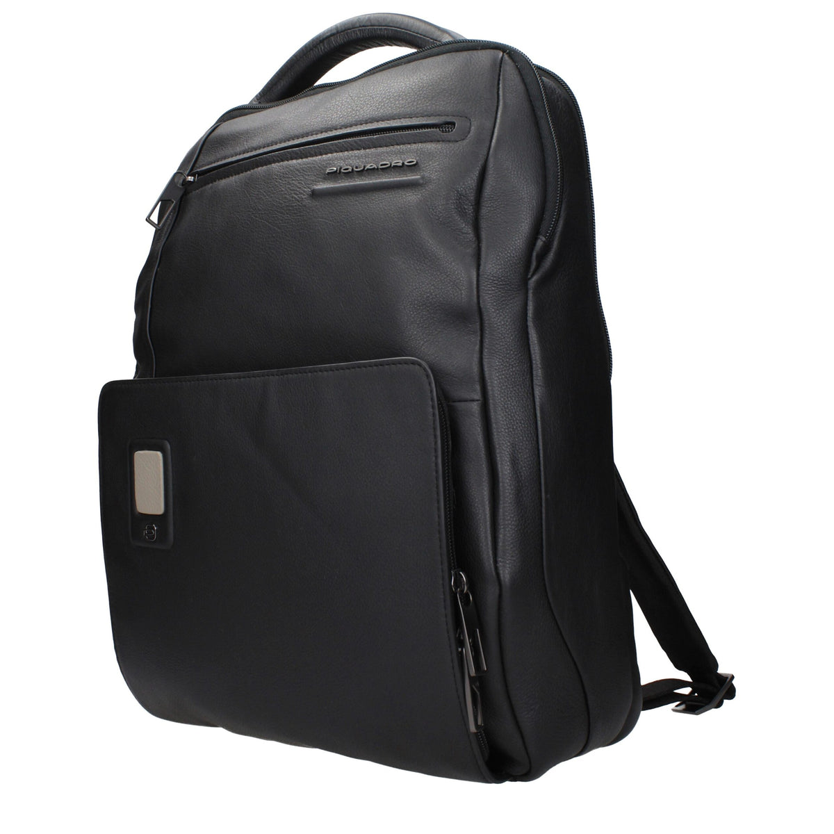 Piquadro black leather backpack featuring multiple compartments, sturdy straps, and sleek design for everyday use.