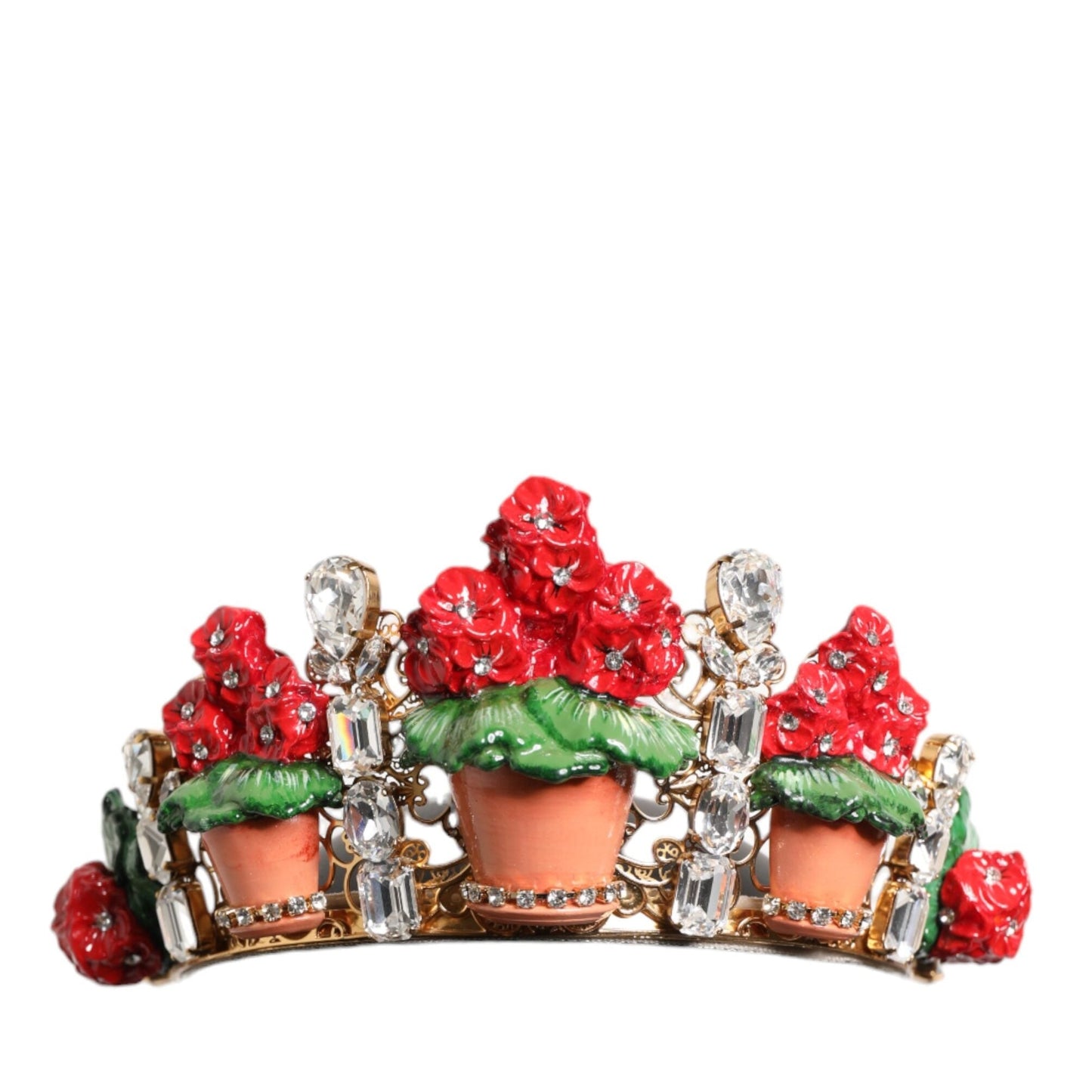 Dolce & Gabbana Red Floral Flowerpot Crystal Gold Crown Tiara Headband