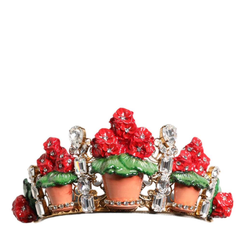Dolce & Gabbana Red Floral Flowerpot Crystal Gold Crown Tiara Headband