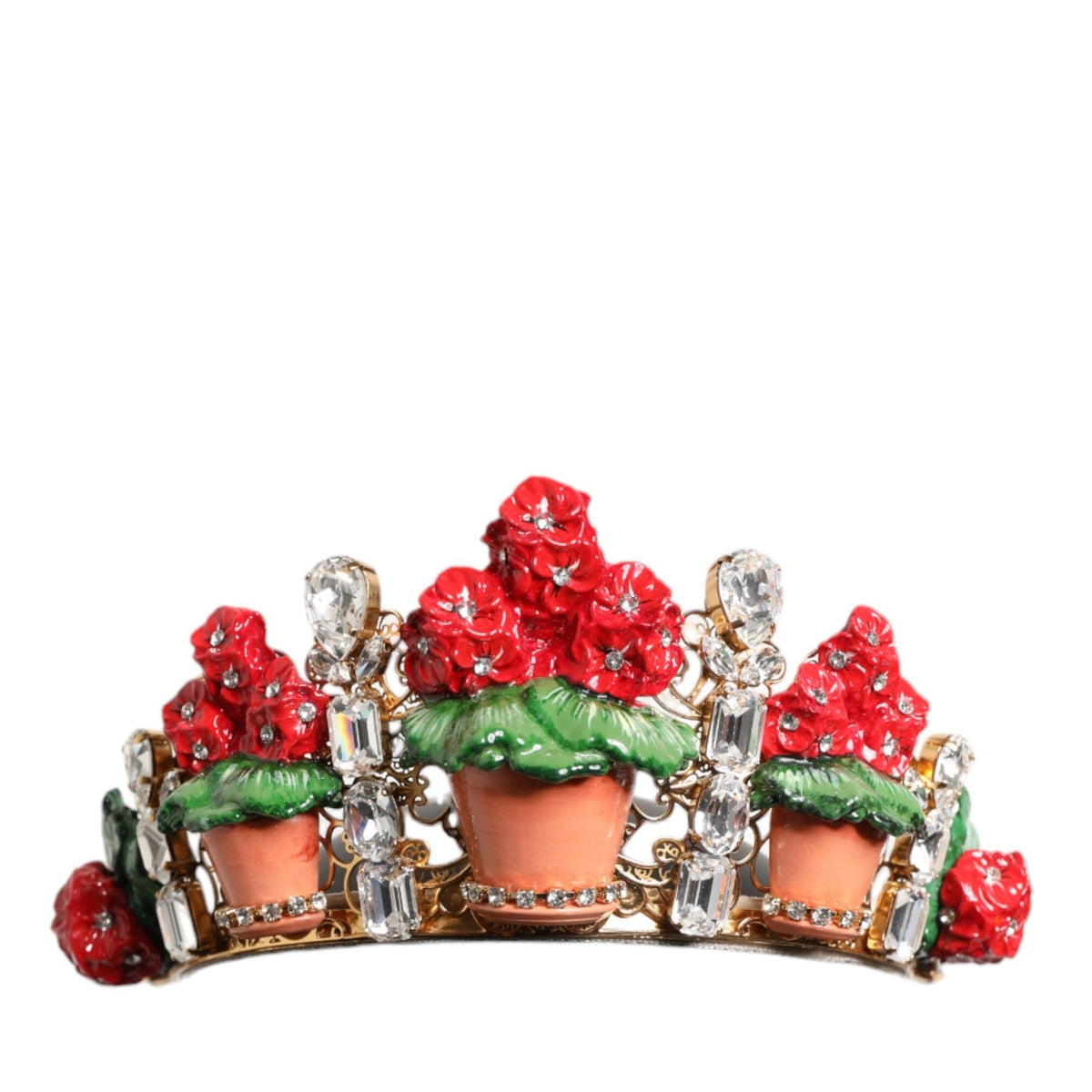 Dolce & Gabbana Red Floral Flowerpot Crystal Gold Crown Tiara Headband