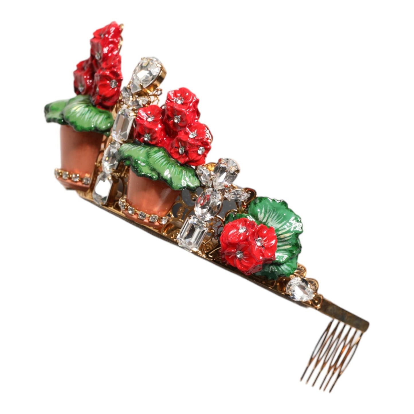 Dolce & Gabbana Red Floral Flowerpot Crystal Gold Crown Tiara Headband