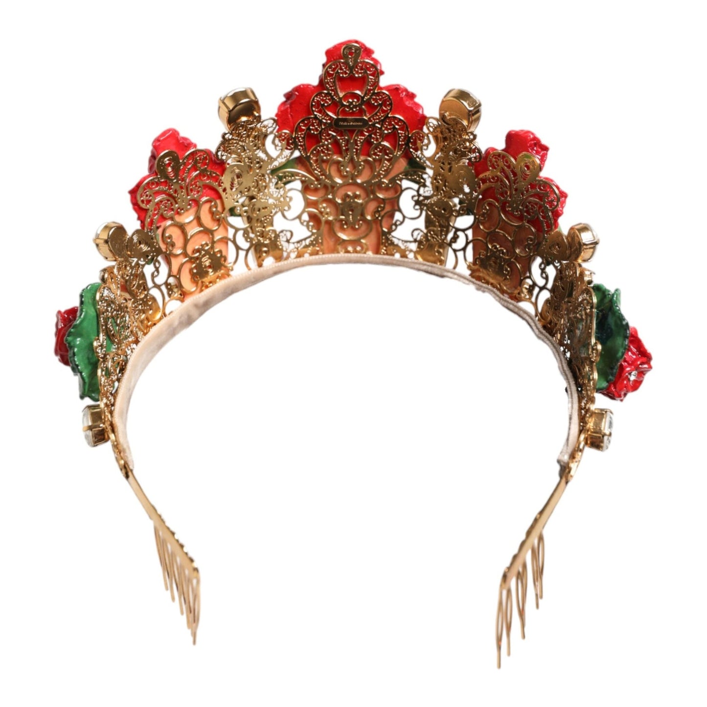 Dolce & Gabbana Red Floral Flowerpot Crystal Gold Crown Tiara Headband