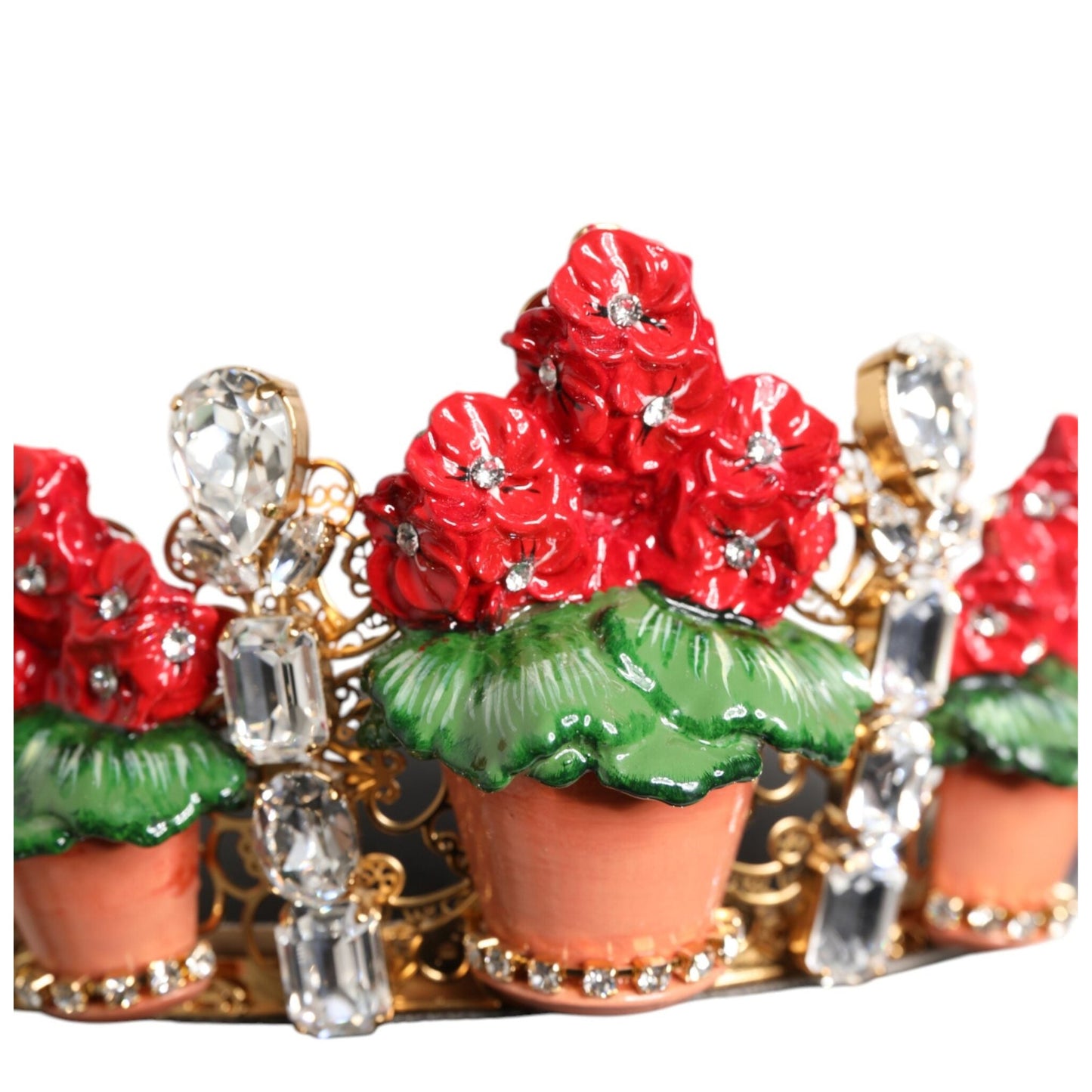 Dolce & Gabbana Red Floral Flowerpot Crystal Gold Crown Tiara Headband