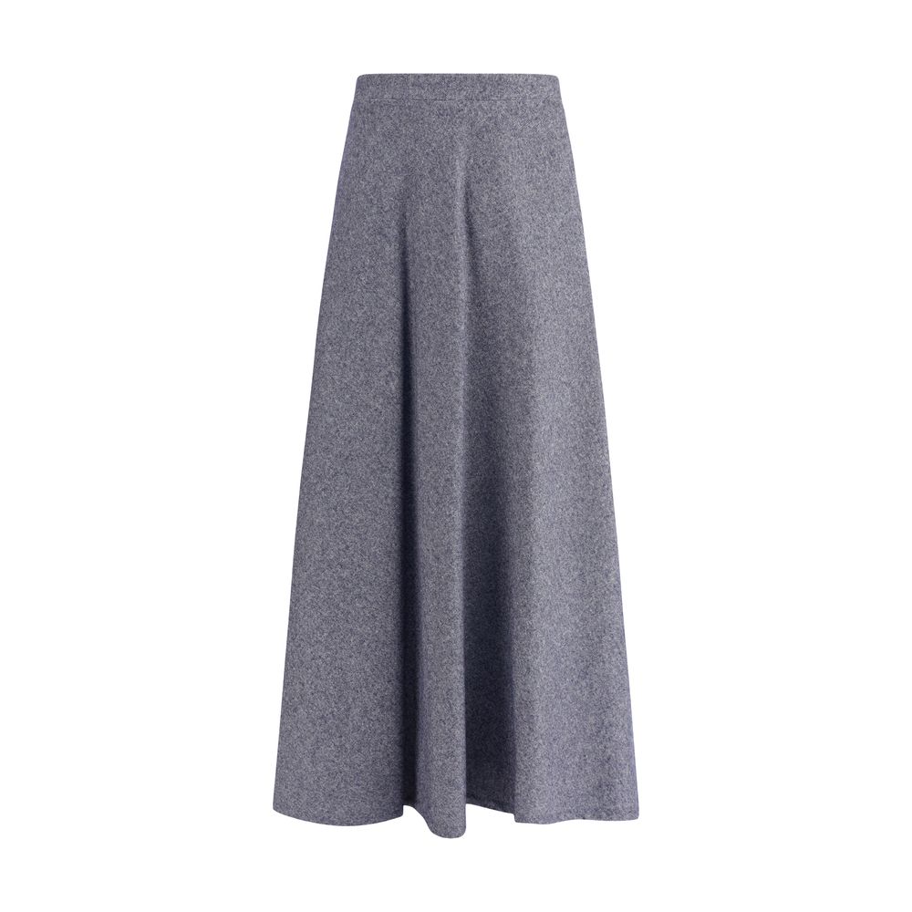 Sara Roka blue cotton midi skirt shown on model, featuring a flowy design and high waist, perfect for casual or dressy occasions.